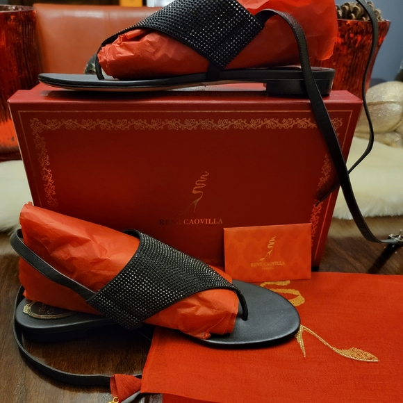 Renee Caovilla Black Satin Strass ankle wrap sandle 38 1/2.Brand new in box.